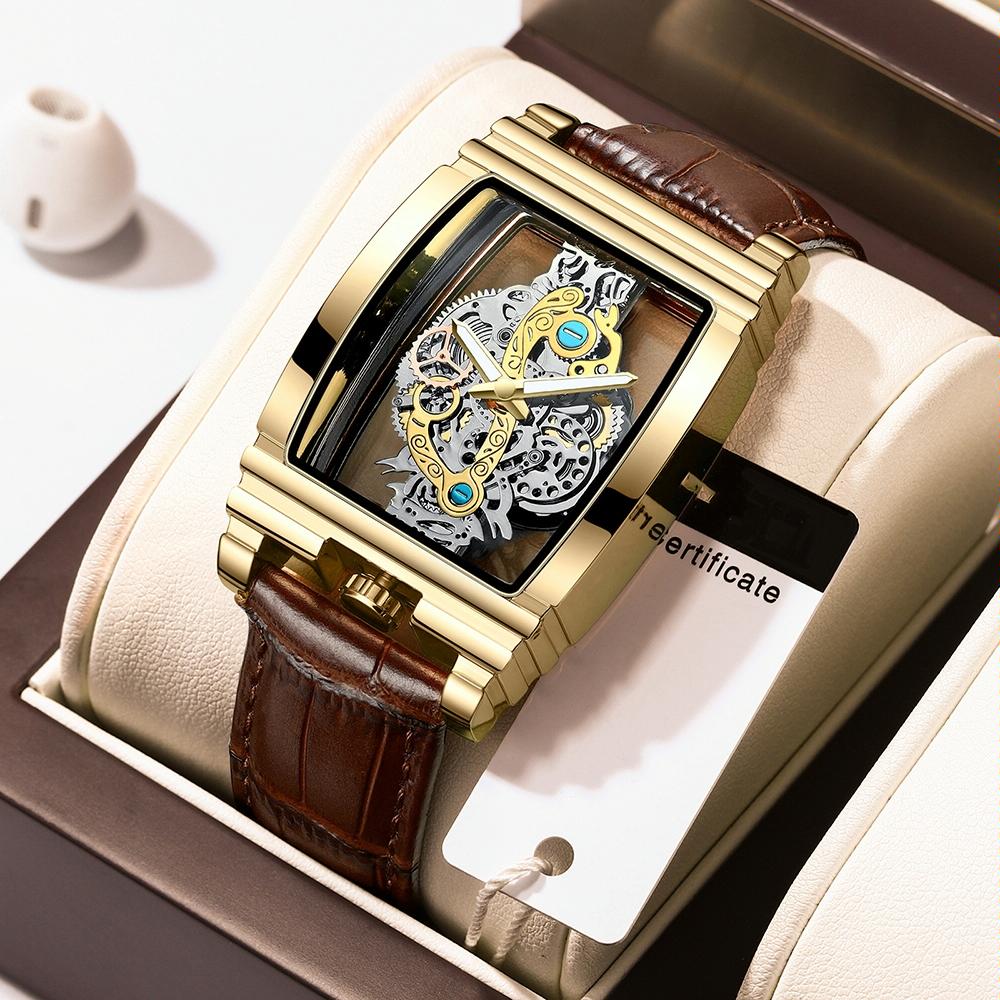 V562-F1011533060DBT-202505271232-00 Waterproof Luminous Business Watch for Men - Gear Hollow Outdoor - Brown Leather Gold - Image 1