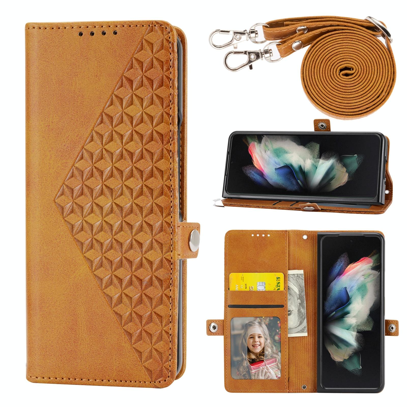 V562-F106957300ADE-202503211311-00 For Samsung Galaxy Z Fold4 5G Leather Grid Texture Phone Case With Lanyard - Yellow - Image 1