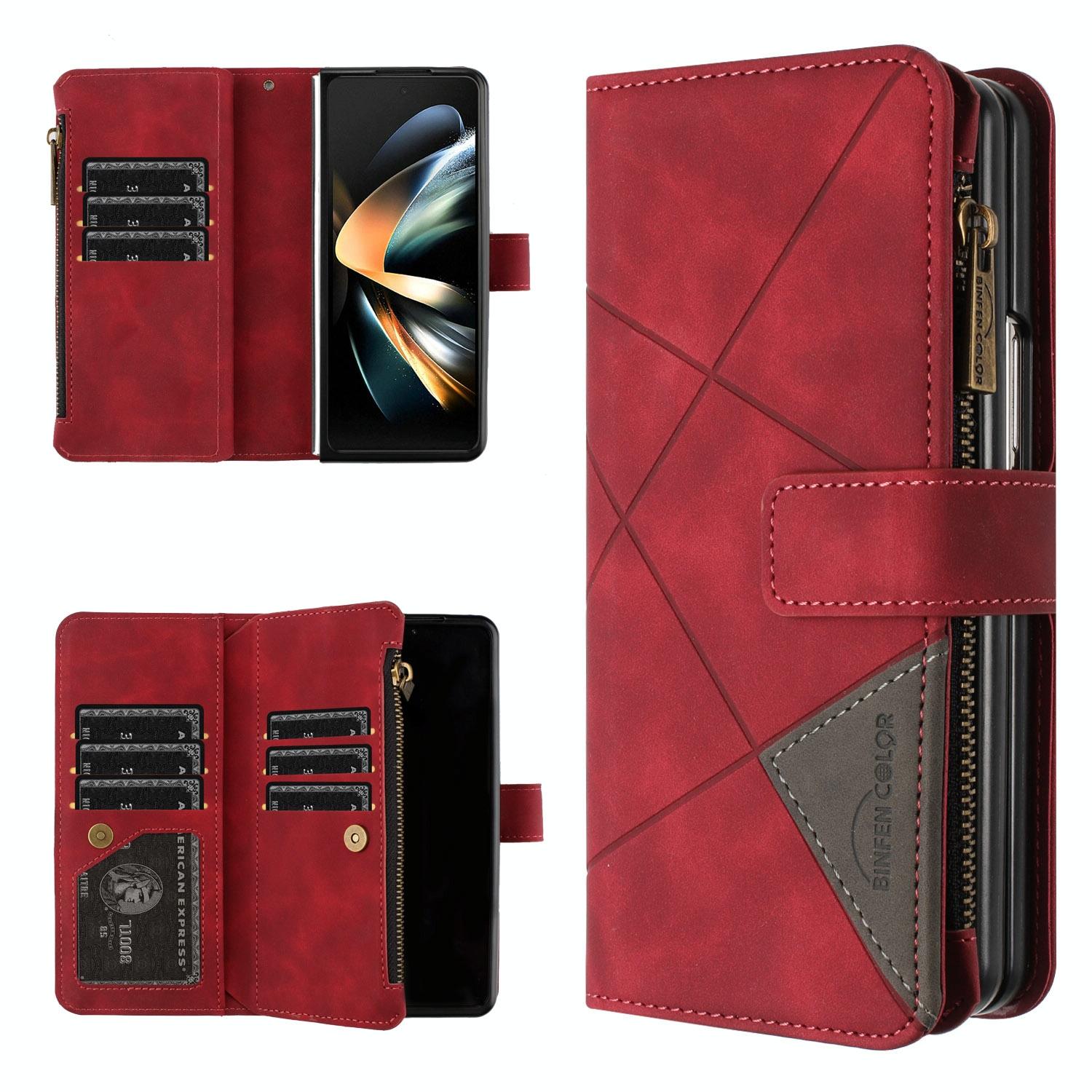 V562-F204661500ADE-202505291221-00 For Samsung Galaxy Z Fold4 5G Leather Zip Wallet With Rhombus Texture - Red - Image 1