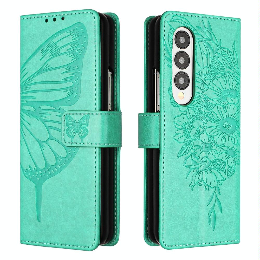 V562-F208387300ADE-227092-00 For Samsung Galaxy z Fold4 5G Butterfly Embossed Leather Phone Case - Green - Image 1