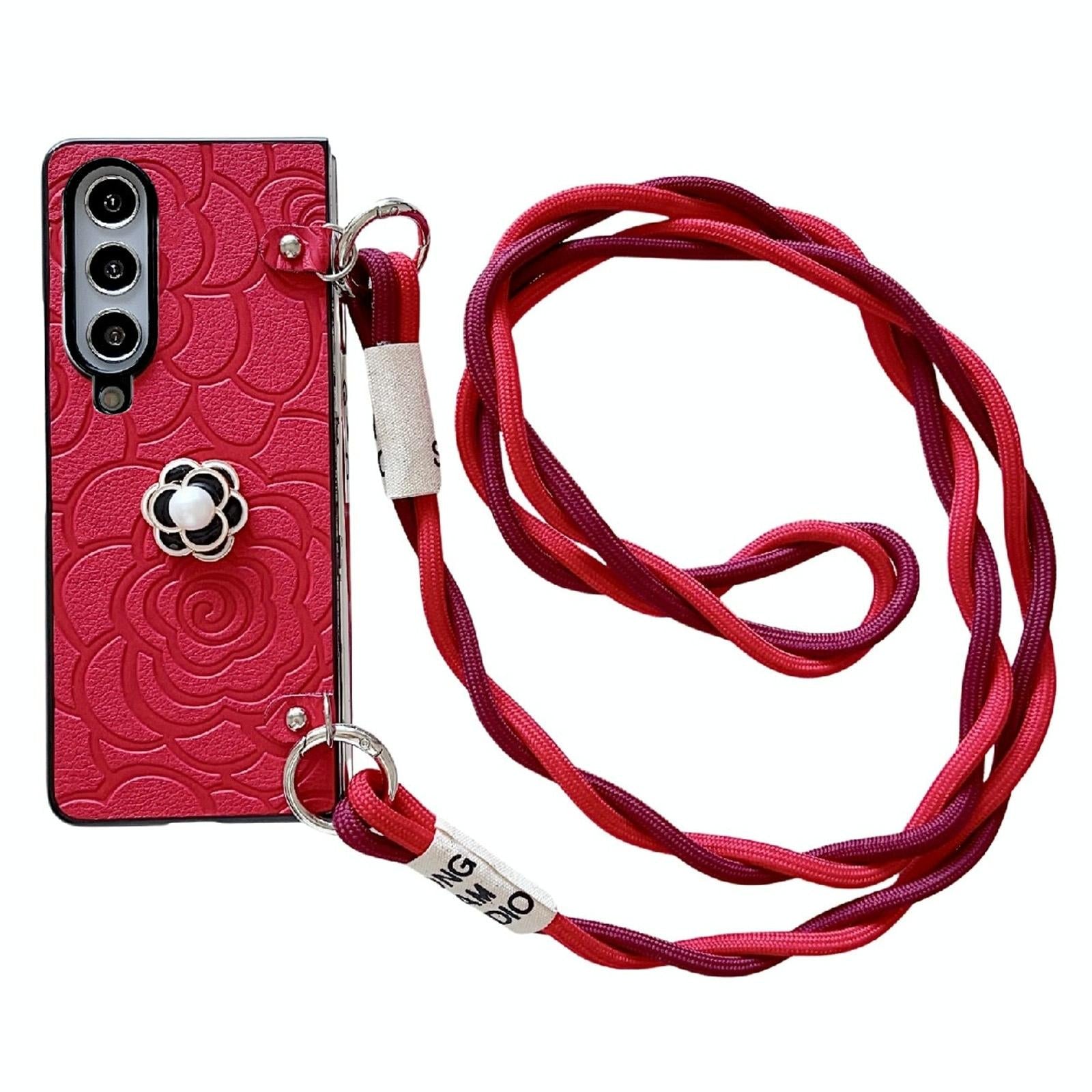 V562-F502500600ADE-202505221915-00 For Samsung Galaxy Z Fold4 5G Camellia Pattern Phone Case With Lanyard - Red - Image 1