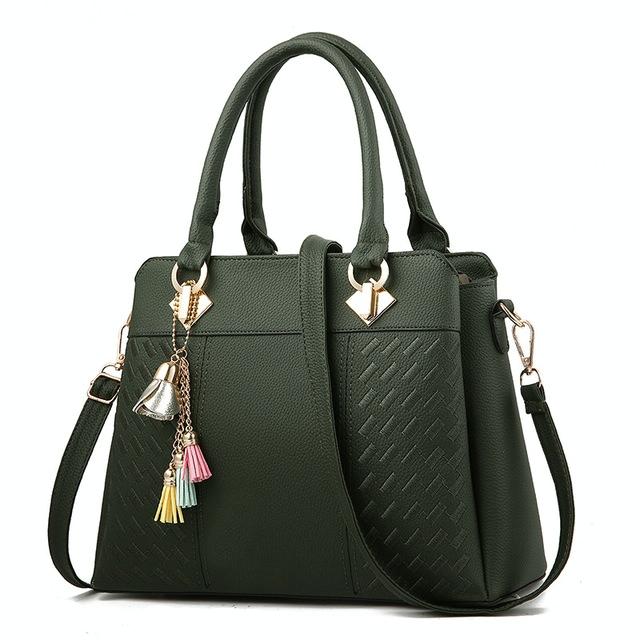 V562-G1060205910DBT-202504251730-00 Simple Style Women Leather Crossbody Bag with Tassel Embroidery - Green - Image 1
