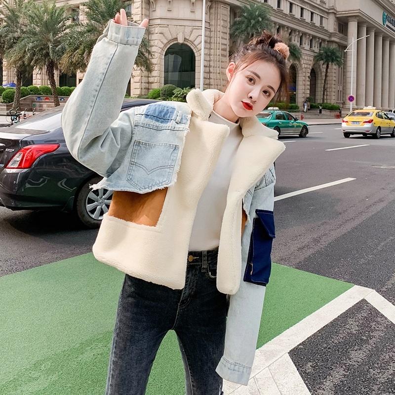 V562-JA83216185YZ-202505262032-00 Plush Thick Denim Stitching Lamb Fur Lapel Cotton Jacket - Blue Xxl - Image 1