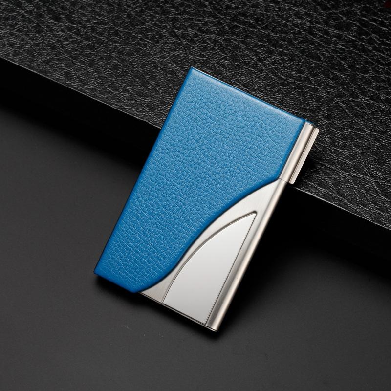 Stainless Steel Business Card Case Large Capacity - Litchi Blue