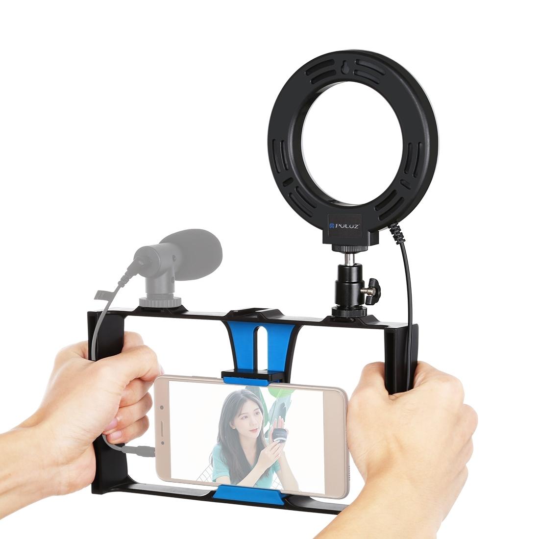 V562-L6203TKP-202504301326-00 Vlogging Live Broadcast Smartphone Video Rig With 4.7 Inch Ring Led Selfie Light Kit And Cold Shoe Tripod Head - Blue - Image 1