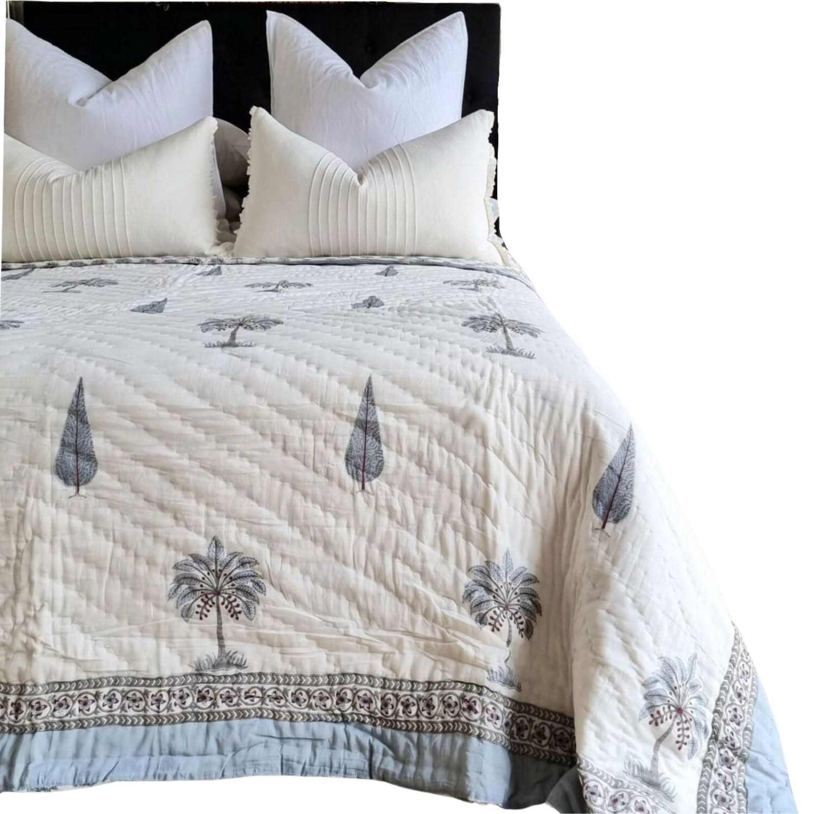 V563-0031-150390-00 Kolka Palm & Pine Reversible Quilt 100% Cotton Blue - King Size - Image 1