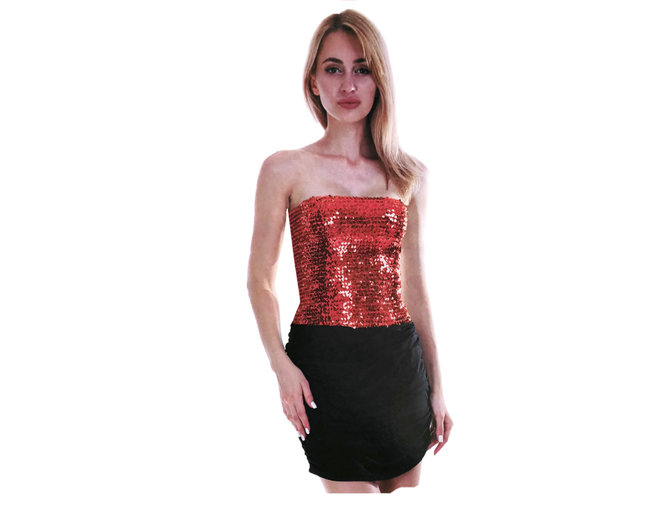 V563-12086-RED-202503052115-00 Womens SEQUIN BANDEAU CROP TOP Sparkling Sparkly Costume Tube - Red - Image 1