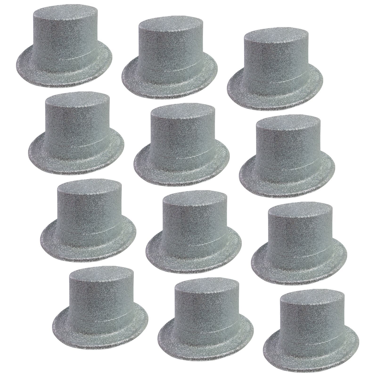 V563-12GLTRTOPHAT-SLV-197201-00 12x GLITTER TOP HAT Fancy Party Plastic Costume Tall Cap Fun Dress Up BULK - Silver - Image 1
