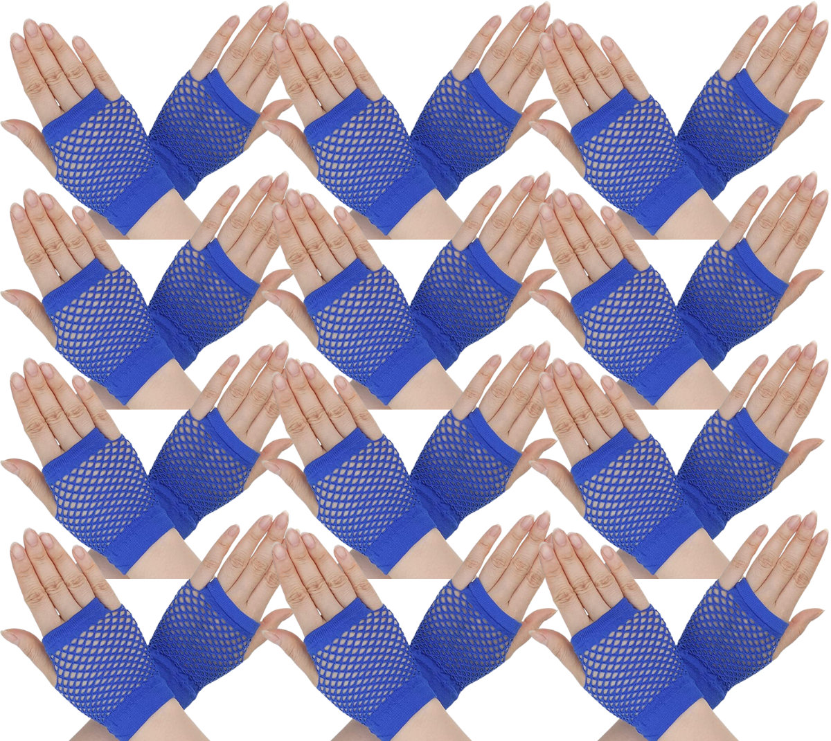V563-12PCS-18510-BLUE-184298-00 12 Pair Fishnet Gloves Fingerless Wrist Length 70s 80s Costume Party Bulk - Blue - Image 1