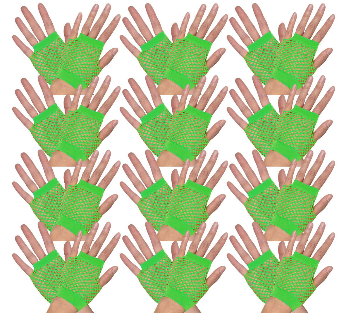 V563-12PCS-18510-FLUROGREEN-184301-00 12 Pair Fishnet Gloves Fingerless Wrist Length 70s 80s Costume Party Fluro Green - Image 1