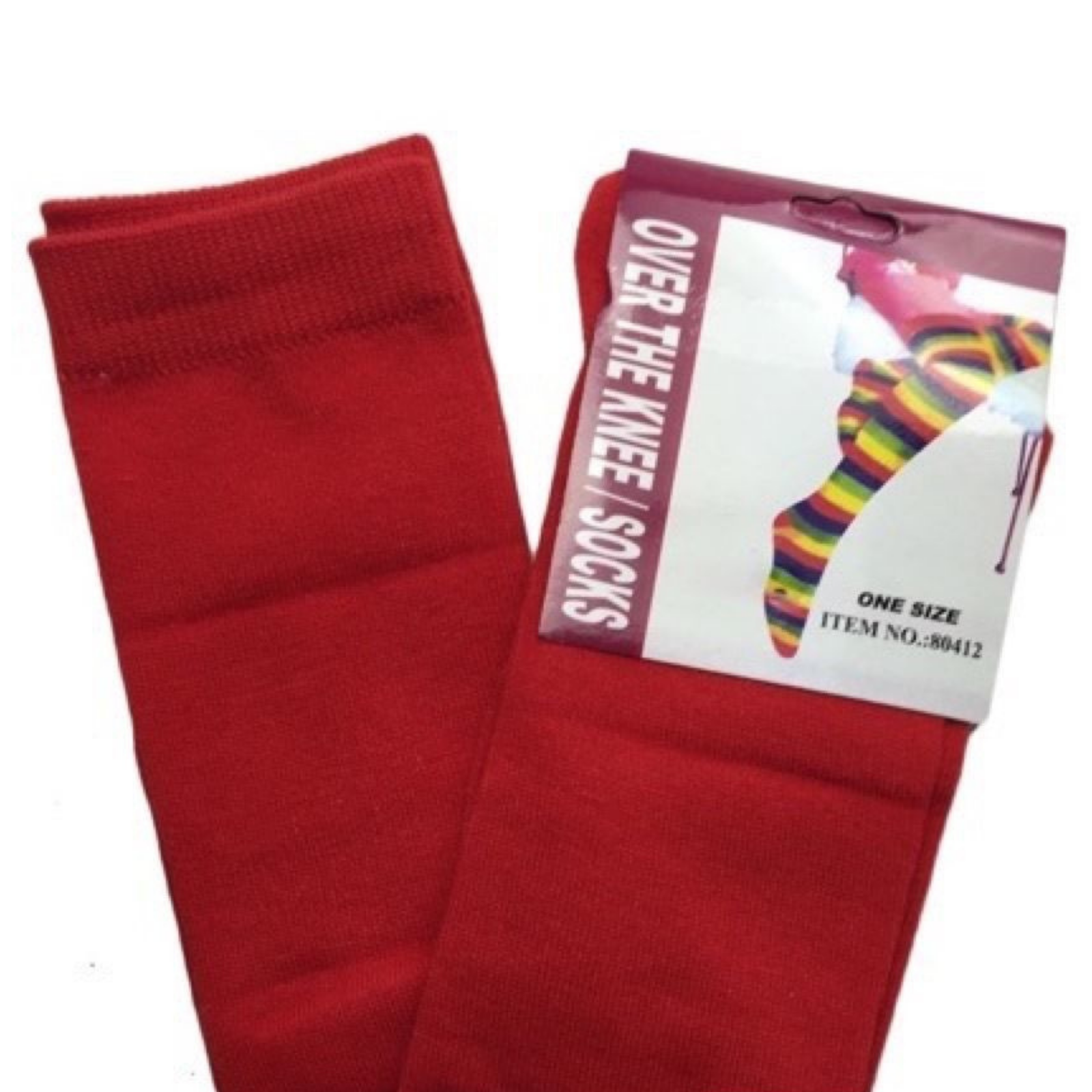 V563-15350-PLAINRED-184365-00 OVER THE KNEE SOCKS Plain Striped High Thigh Ladies Long Womens Stripey Stocking - Plain Red - Image 1
