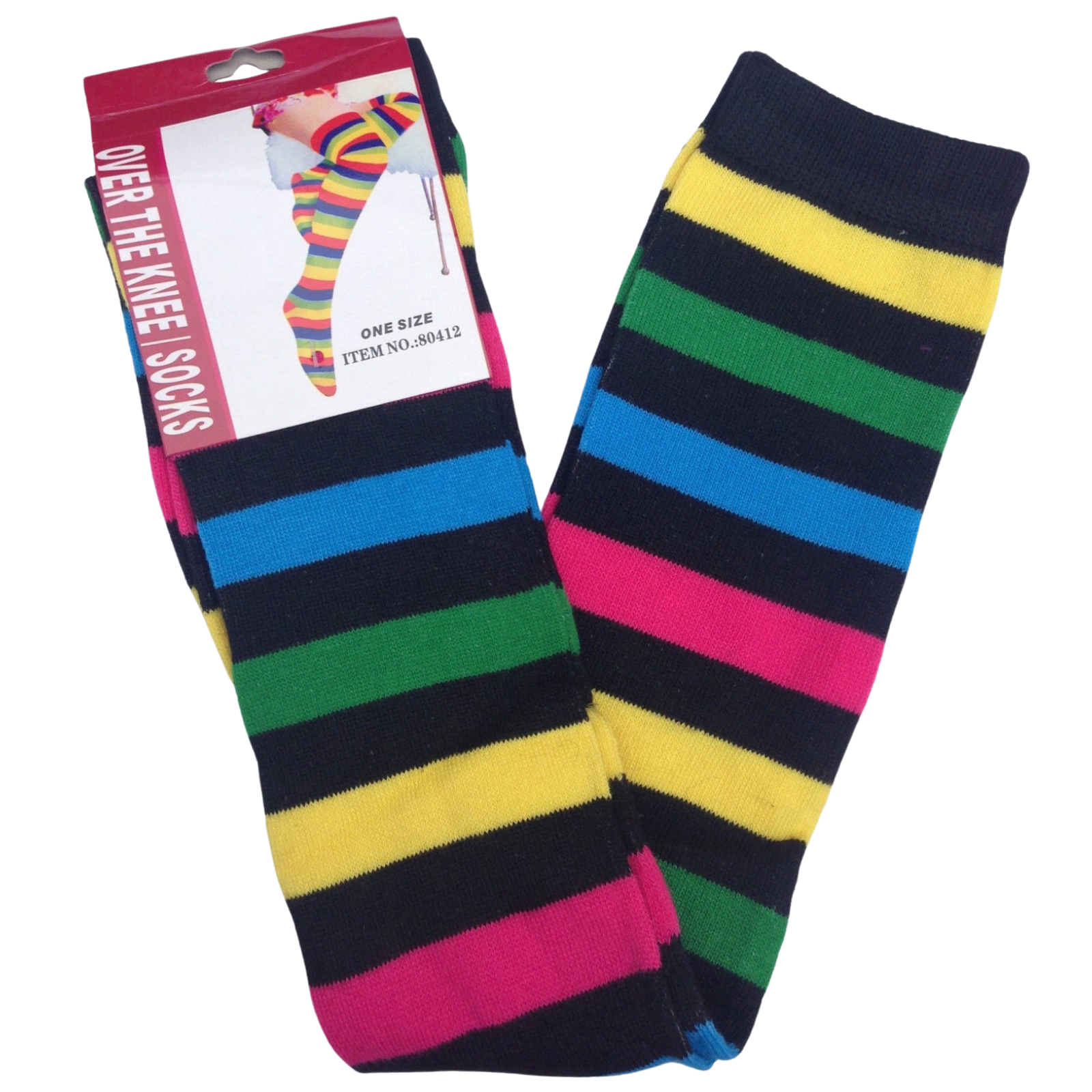 V563-15350-RAINBOWBLACKSTRIPE-184383-00 OVER THE KNEE SOCKS Plain Striped High Thigh Ladies Long Womens Stripey Stocking - Rainbow with Black Stripe - Image 1
