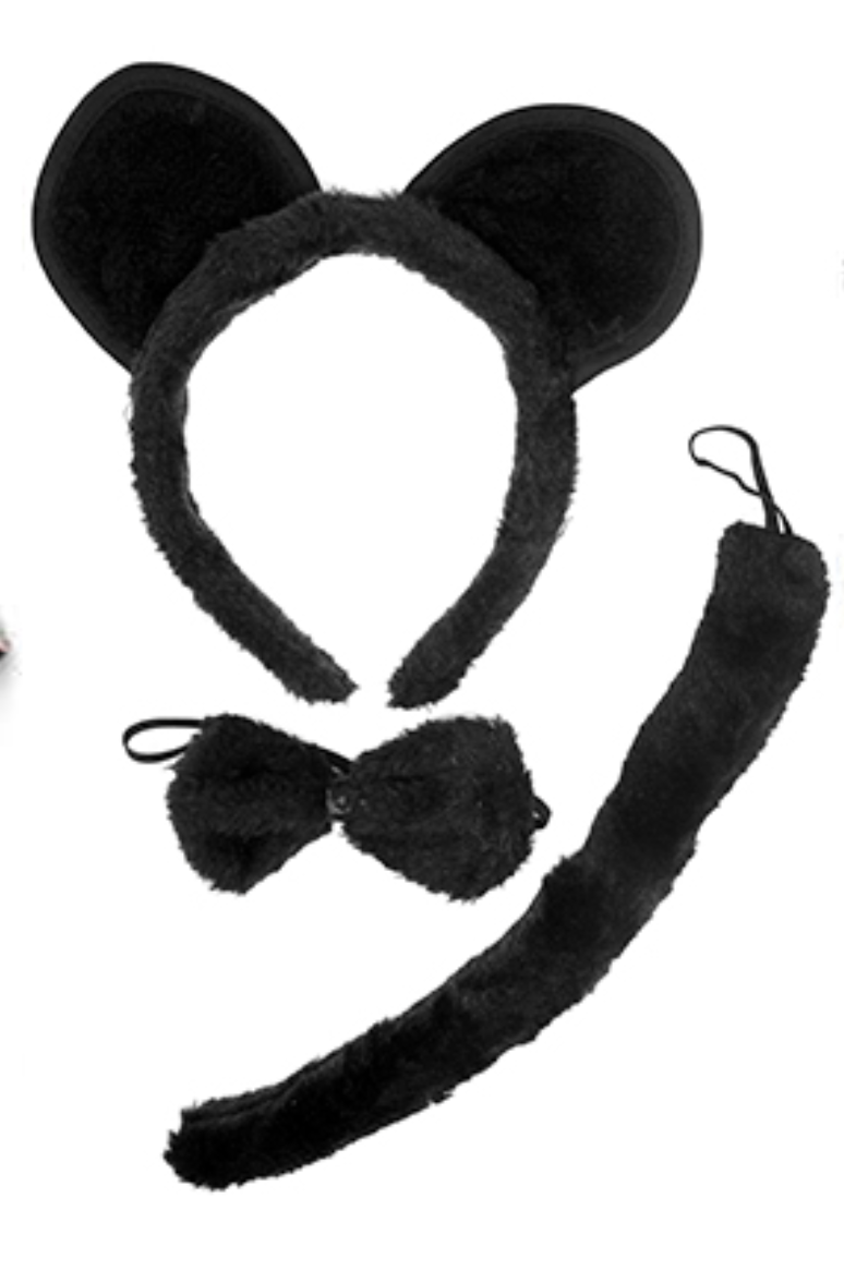 V563-17201-08-184768-00 BLACK MOUSE / BEAR HEADBAND w Bow Ears Tail Animal Costume Halloween Party - Image 1