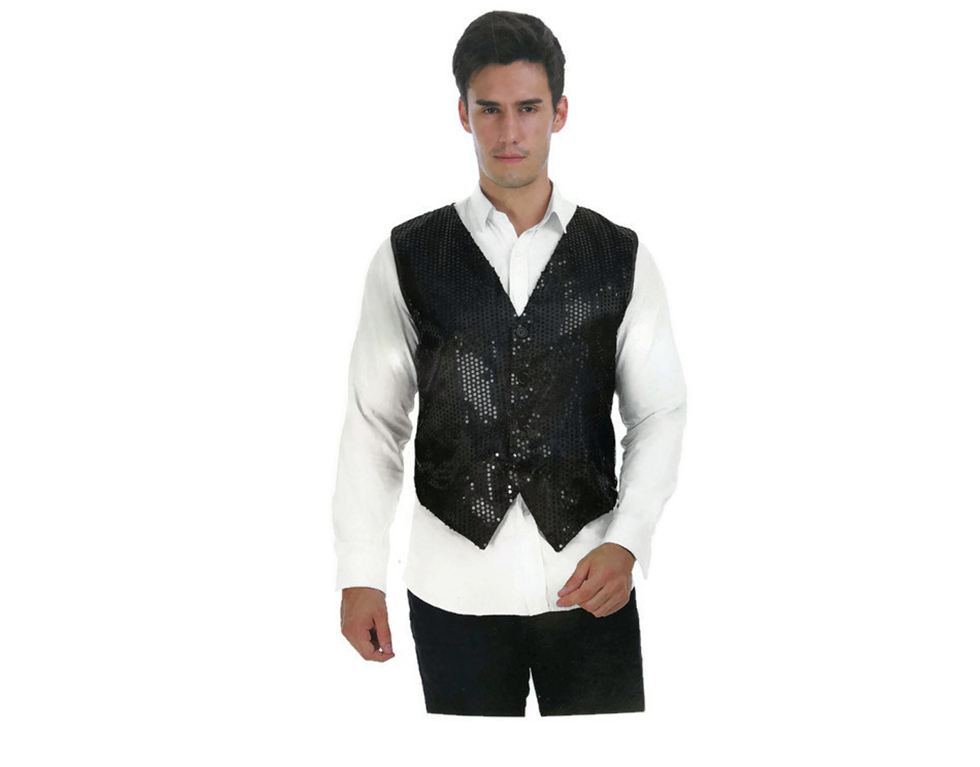 V563-17814-BLACK-202503051826-00 Mens Premium SEQUIN VEST Waistcoat Dance Costume Disco Sparkle Deluxe - Black - Image 1