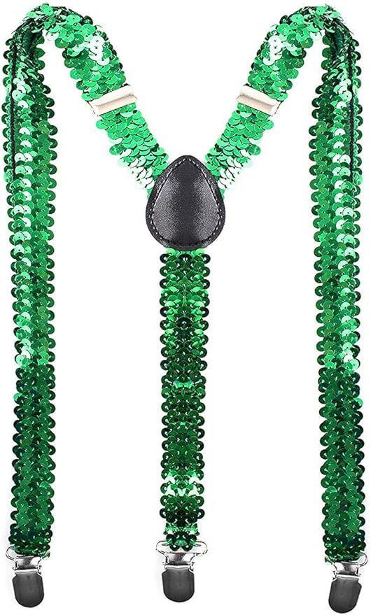 V563-19250-07-202505071425-00 SEQUIN SUSPENDERS Unisex Adjustable Braces Clip On Elastic Y-Back - Green - Image 1