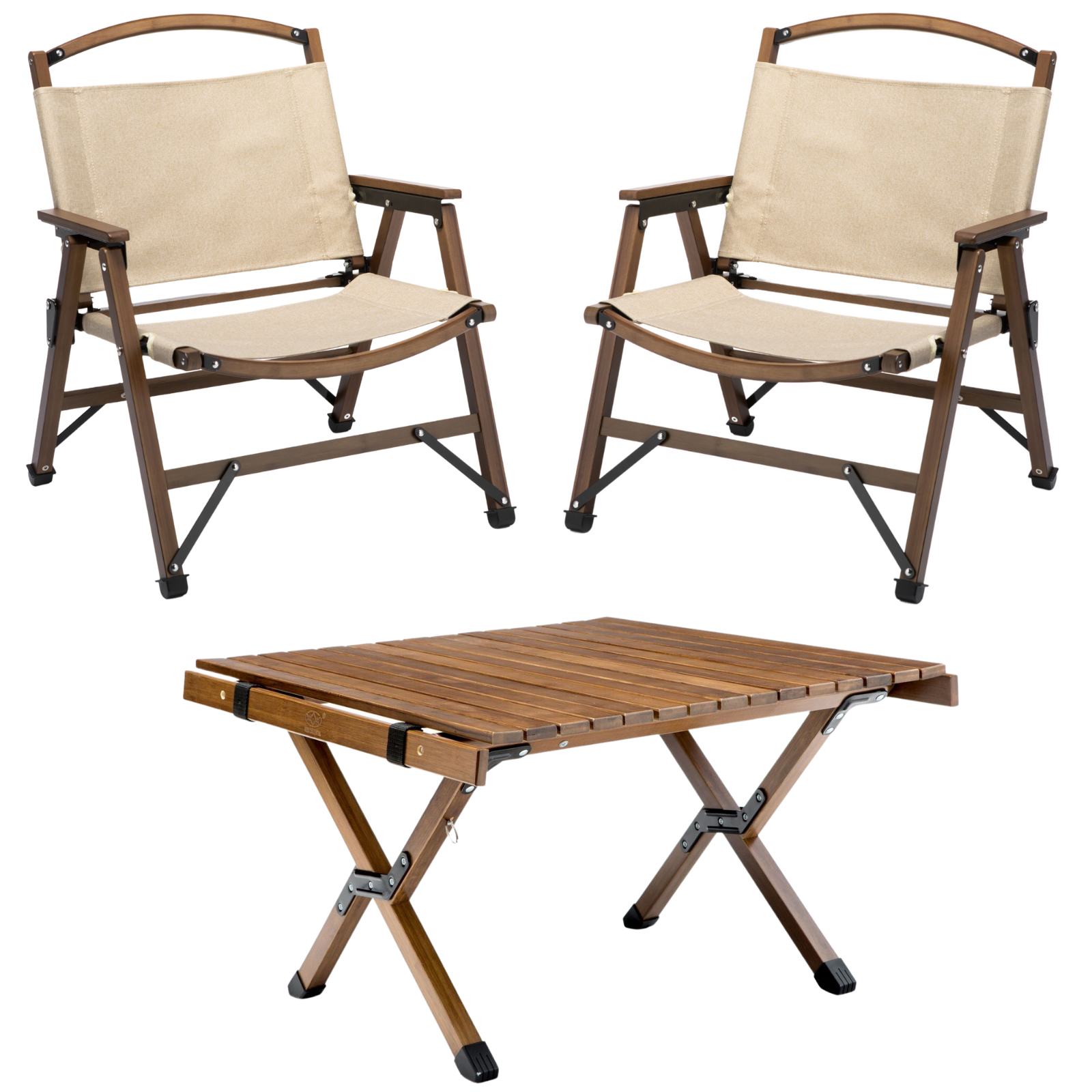V563-1X75623_2X75622-174184-00 Bamboo Foldable Camping Table + 2 Chairs Waterproof Wood Wooden Travel Set Kit - Image 1