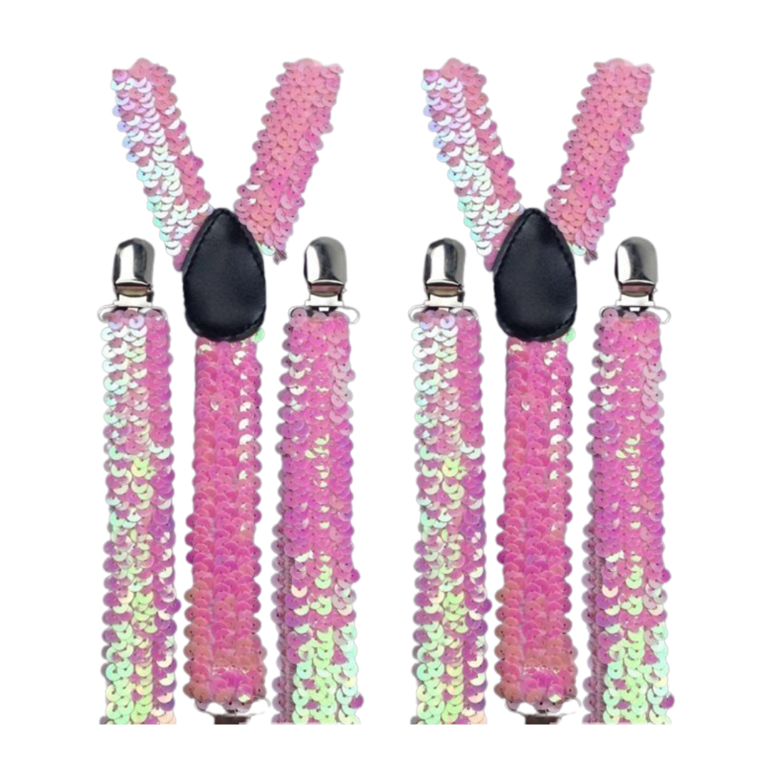 V563-2SLIMSUSPENDER-LHTPNKSEQN-184270-00 2x Mens Suspenders Braces Adjustable Strong Clip On Elastic Formal Wedding Slim - Light Pink (Sequin) - Image 1