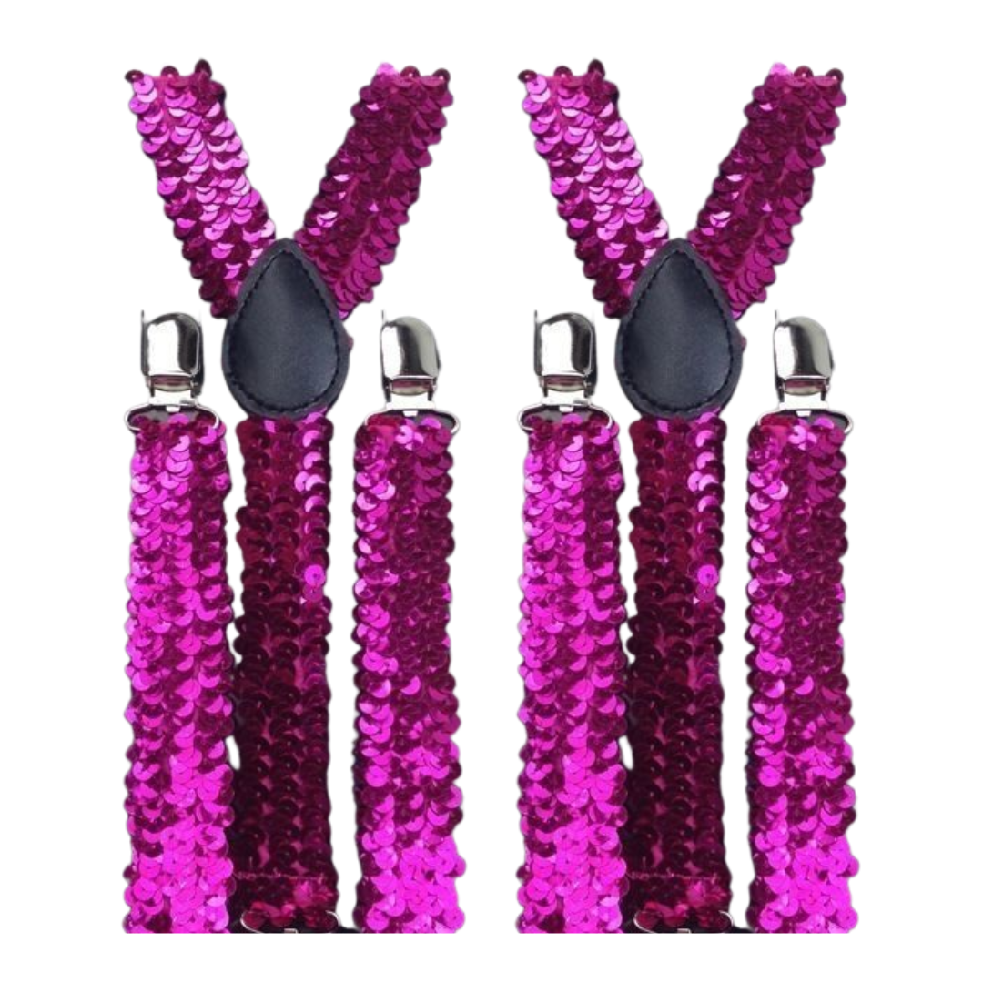 V563-2SLIMSUSPENDERS-HTPNKSEQN-184267-00 2x Mens Suspenders Braces Adjustable Strong Clip On Elastic Formal Wedding Slim - Hot Pink (Sequin) - Image 1