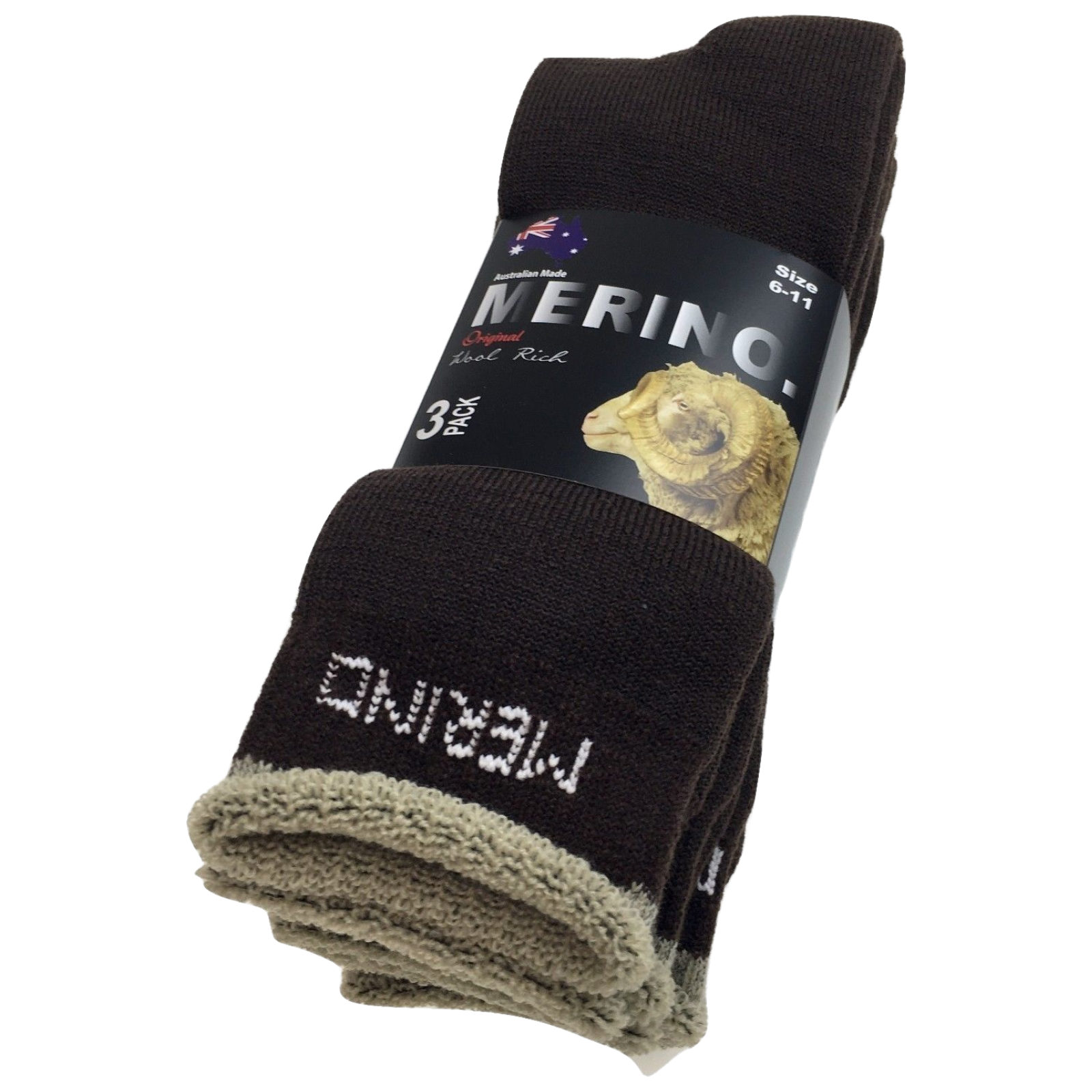 V563-3AUSOCKS-BRWN-SZE6-11-202502280921-00 3 Pairs MERINO WOOL SOCKS Mens Heavy Duty Premium Thick Work Socks Cushion - Brown - 6-11 - Image 1