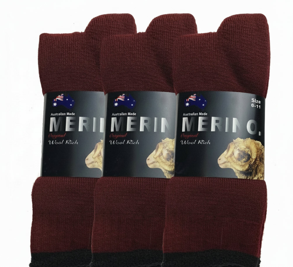 V563-3AUSOCKS-BUR-SZE11-14-202509081317-00 3 Pairs MERINO WOOL SOCKS Mens Heavy Duty Premium Thick Work Socks Cushion - Burgundy - 11-14 - Image 1