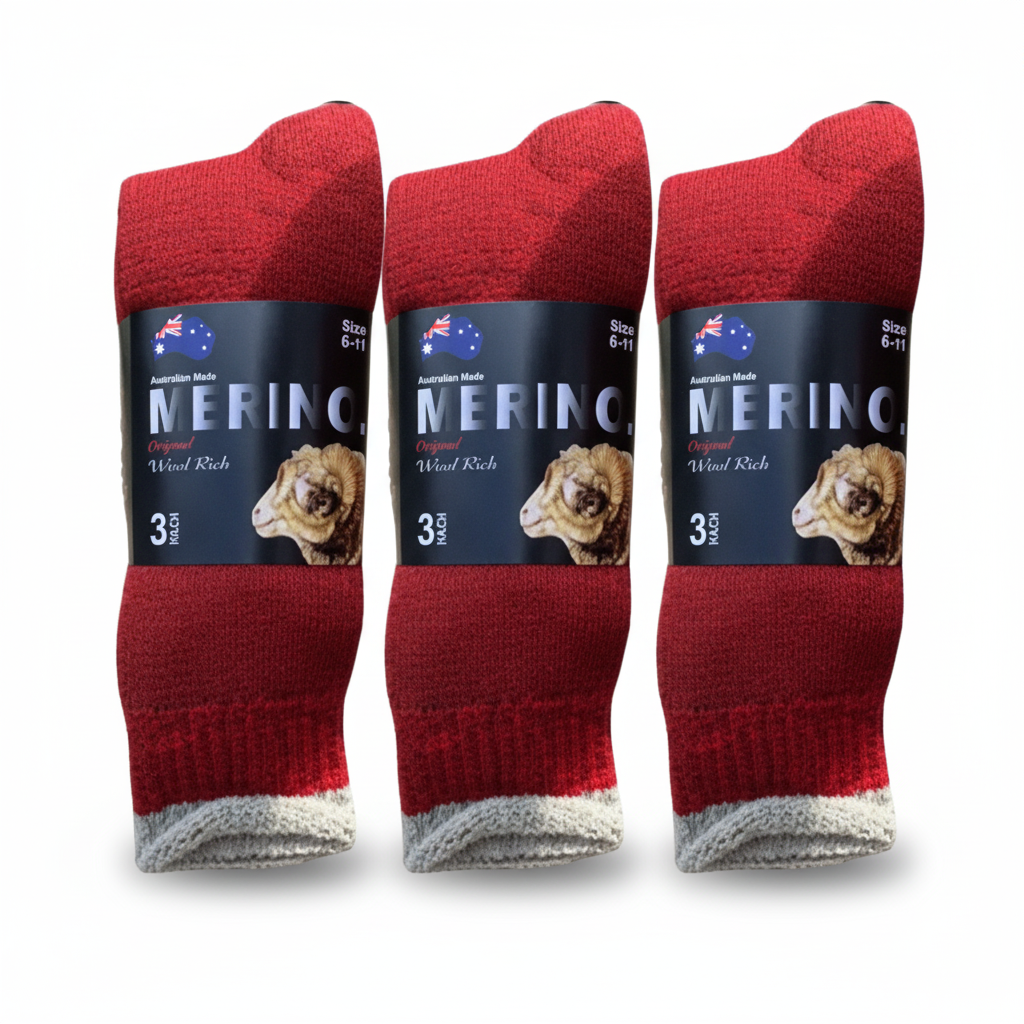 V563-3AUSOCKS-RED-SZE11-14-202509011244-00 3 Pairs MERINO WOOL SOCKS Mens Heavy Duty Premium Thick Work Socks Cushion - Red - 11-14 - Image 1