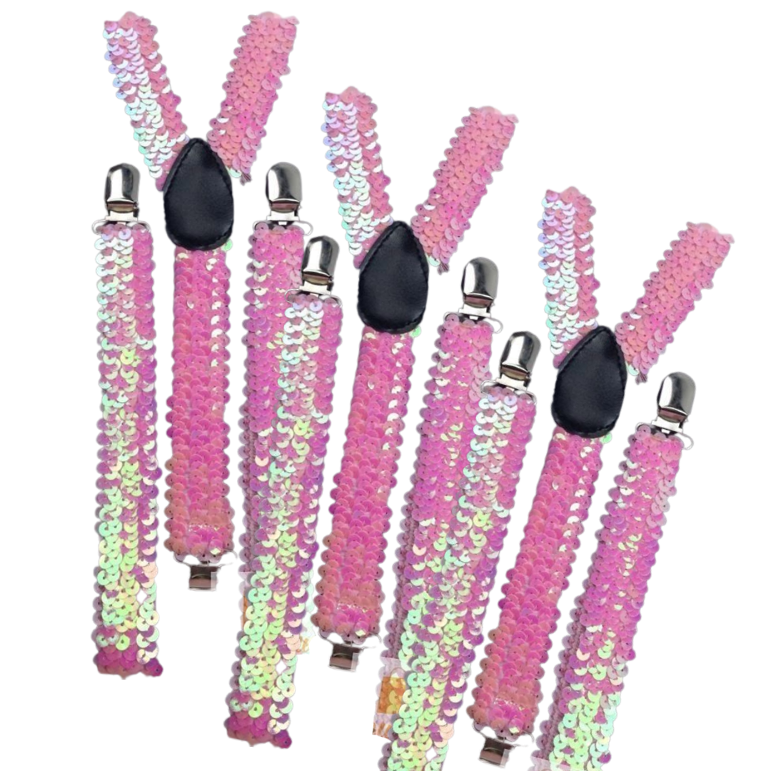 V563-3SLIMSUSPENDERS-LHTPNK-184466-00 3x Mens Suspenders Braces Adjustable Strong Clip On Elastic Formal Wedding Slim - Light Pink (Sequin) - Image 1