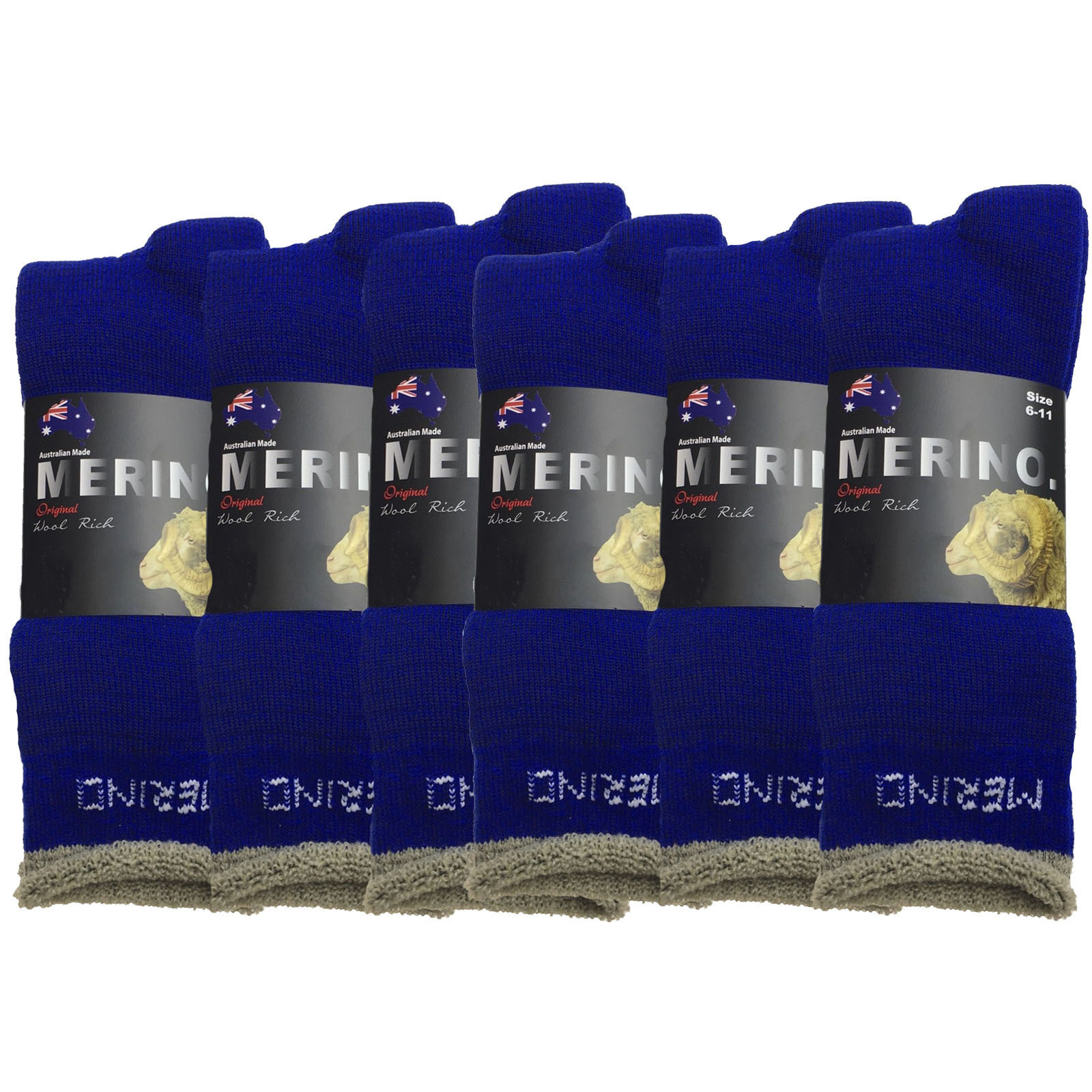 V563-6AUSOCKS-BLUE-6-11-202502280910-00 6 Pairs MERINO WOOL SOCKS Mens Heavy Duty Premium Thick Work Socks Cushion BULK - Blue - 6-11 - Image 1