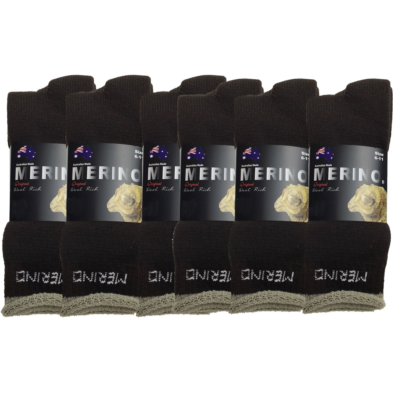 V563-6AUSOCKS-BRN-6-11-202502280910-00 6 Pairs MERINO WOOL SOCKS Mens Heavy Duty Premium Thick Work Socks Cushion BULK - Brown - 6-11 - Image 1