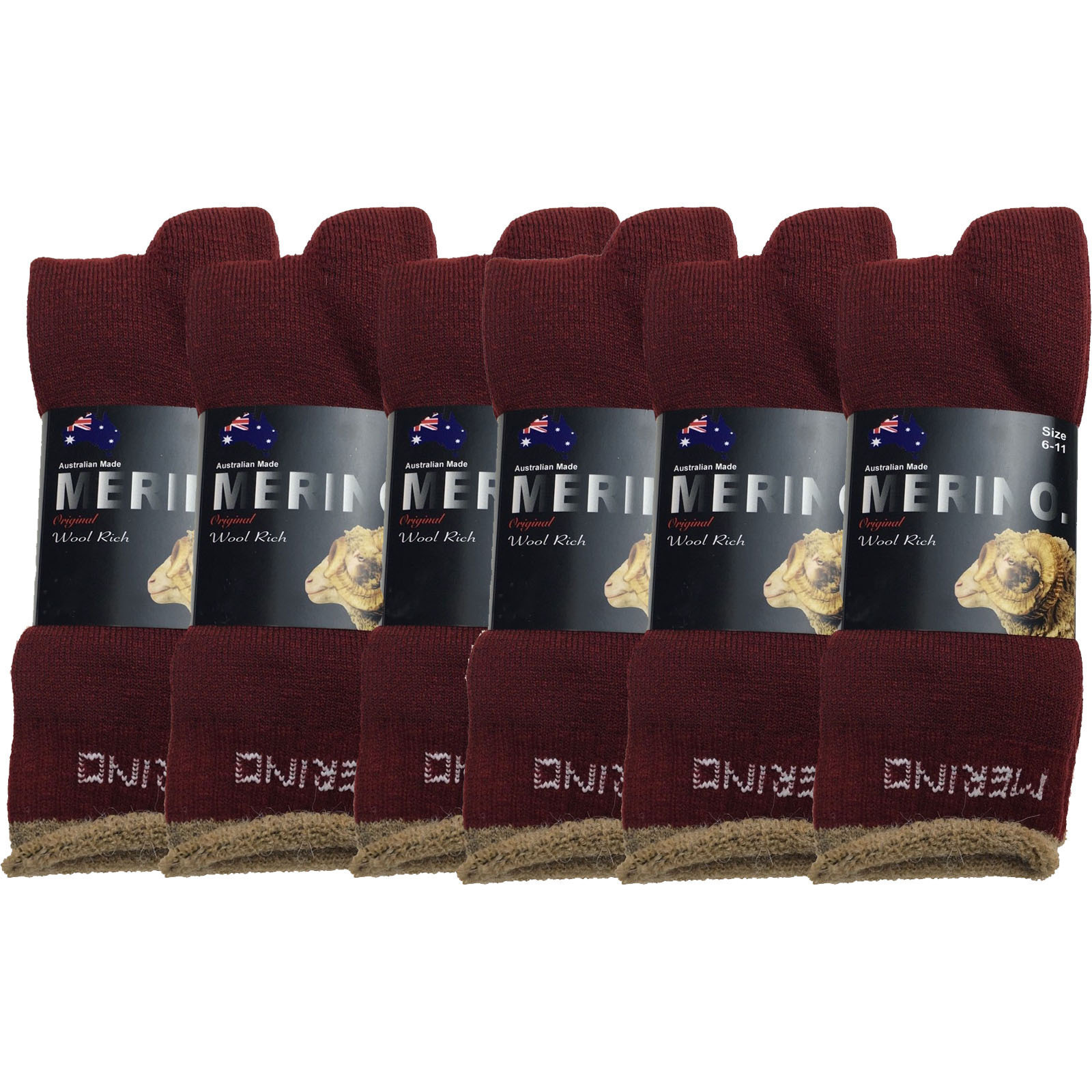 V563-6AUSOCKS-BUR-6-11-202502280910-00 6 Pairs MERINO WOOL SOCKS Mens Heavy Duty Premium Thick Work Socks Cushion BULK - Burgundy - 6-11 - Image 1