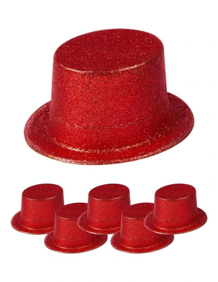 V563-6GLTRTOPHAT-RED-197192-00 6x GLITTER TOP HAT Fancy Party Plastic Costume Tall Cap Fun Dress Up BULK - Red - One Size - Image 1