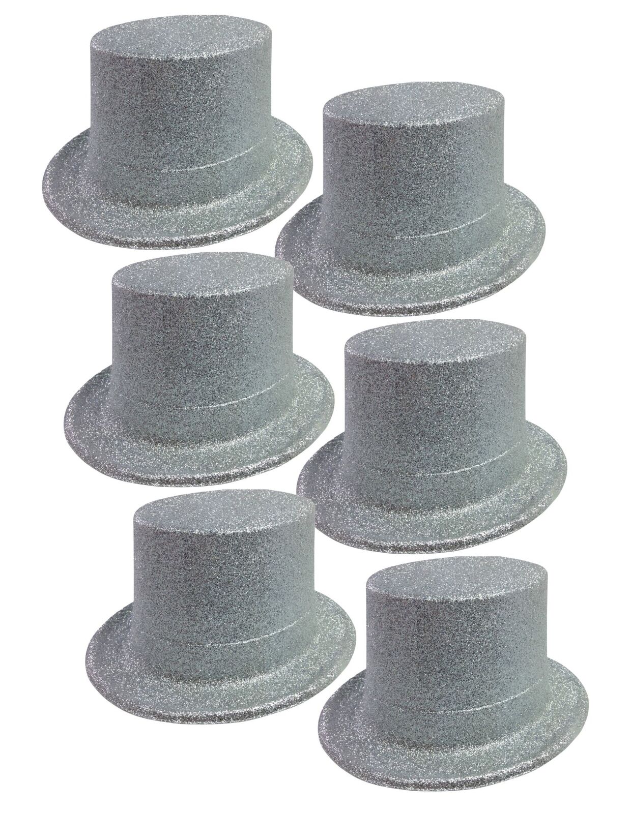 V563-6GLTRTOPHAT-SLVR-197174-00 6x GLITTER TOP HAT Fancy Party Plastic Costume Tall Cap Fun Dress Up BULK - Silver - One Size - Image 1
