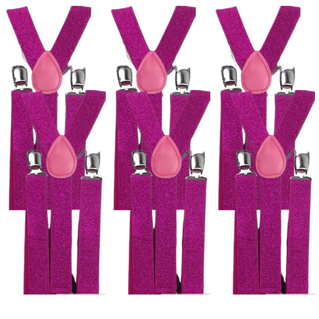 V563-6SLIMSUSPENDERS-HTPNKGLIT-202503061035-00 6x Mens Suspenders Braces Adjustable Strong Clip On Elastic Formal Wedding BULK - Hot Pink (Glitter) - Image 1