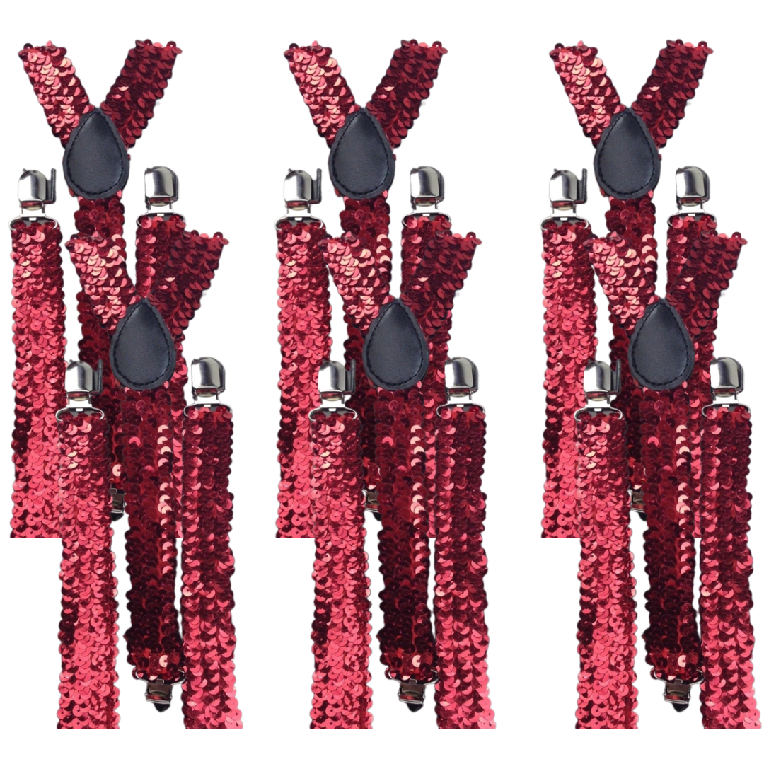 V563-6SLIMSUSPENDERS-REDSEQN-202503061036-00 6x Mens Suspenders Braces Adjustable Strong Clip On Elastic Formal Wedding BULK - Red (Sequin) - Image 1