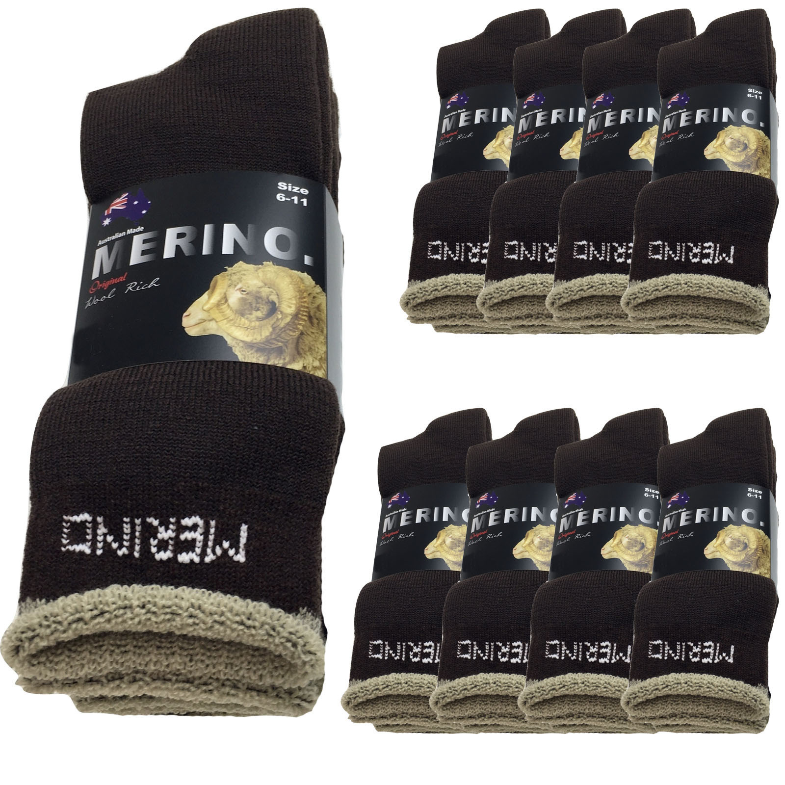 V563-9AUSOCKS-BRN-6-11-202502280911-00 9 Pairs MERINO WOOL SOCKS Mens Heavy Duty Premium Thick Work Socks Cushion BULK - Brown - 6-11 - Image 1