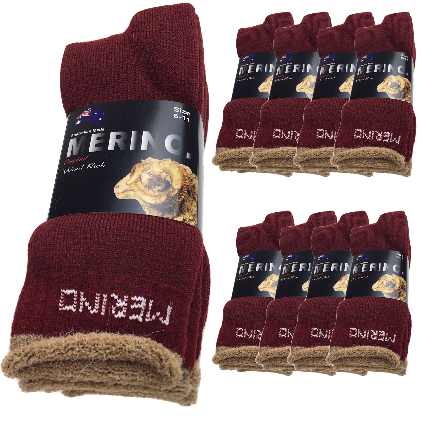 V563-9AUSOCKS-BUR-6-11-202502280915-00 9 Pairs MERINO WOOL SOCKS Mens Heavy Duty Premium Thick Work Socks Cushion BULK - Burgundy - 6-11 - Image 1