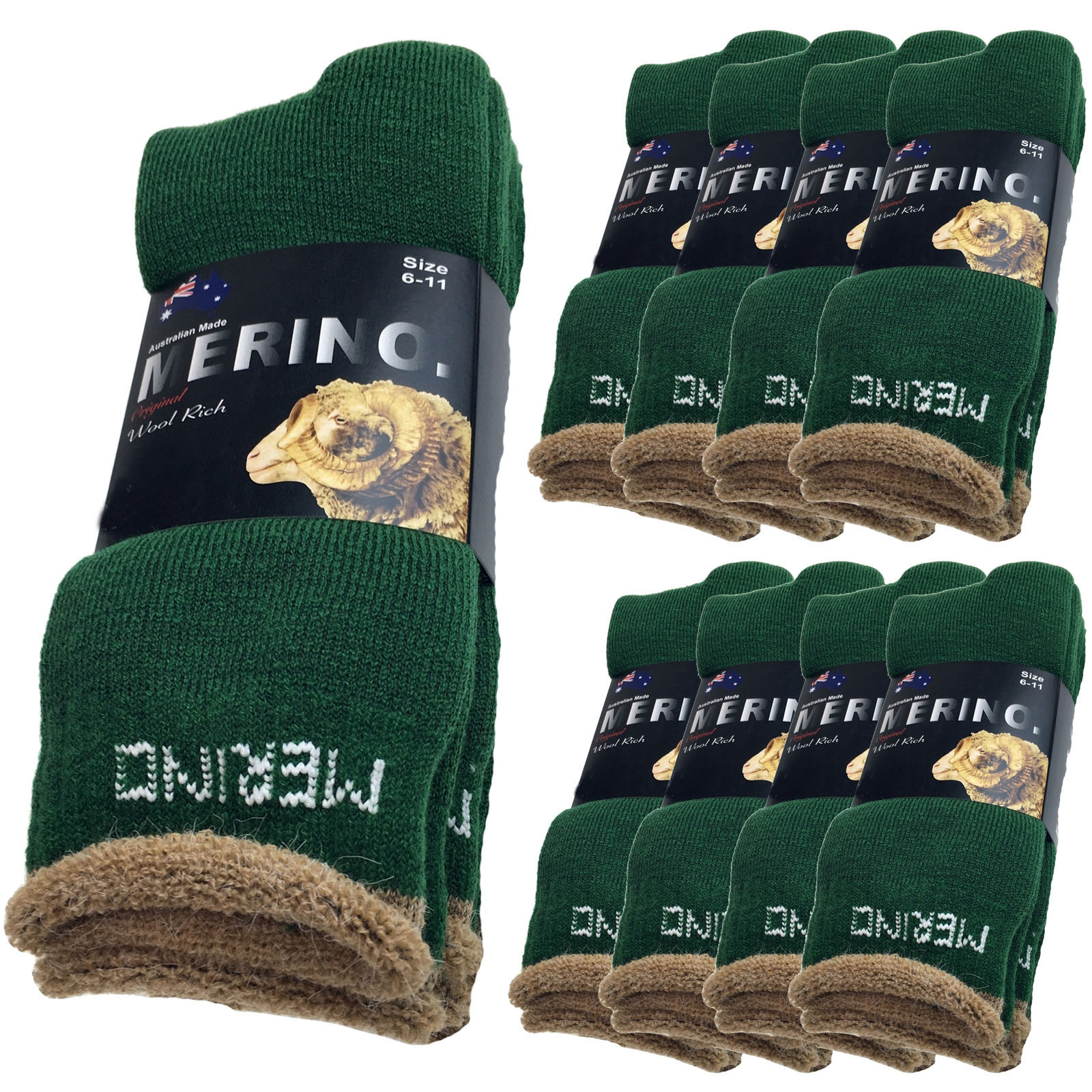 V563-9AUSOCKS-GRN-11-14-202502280915-00 9 Pairs MERINO WOOL SOCKS Mens Heavy Duty Premium Thick Work Socks Cushion BULK - Green - 11-14 - Image 1