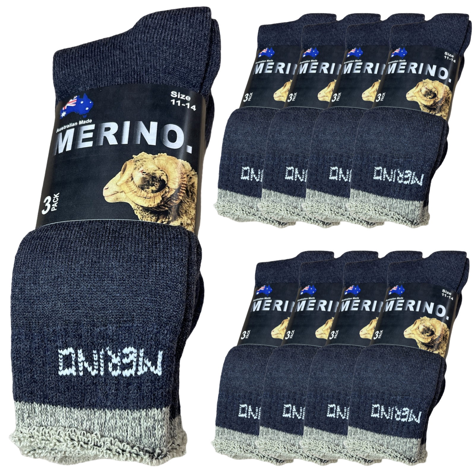 V563-9AUSOCKS-NVY-11-14-202502280915-00 9 Pairs MERINO WOOL SOCKS Mens Heavy Duty Premium Thick Work Socks Cushion BULK - Navy Blue - 11-14 - Image 1