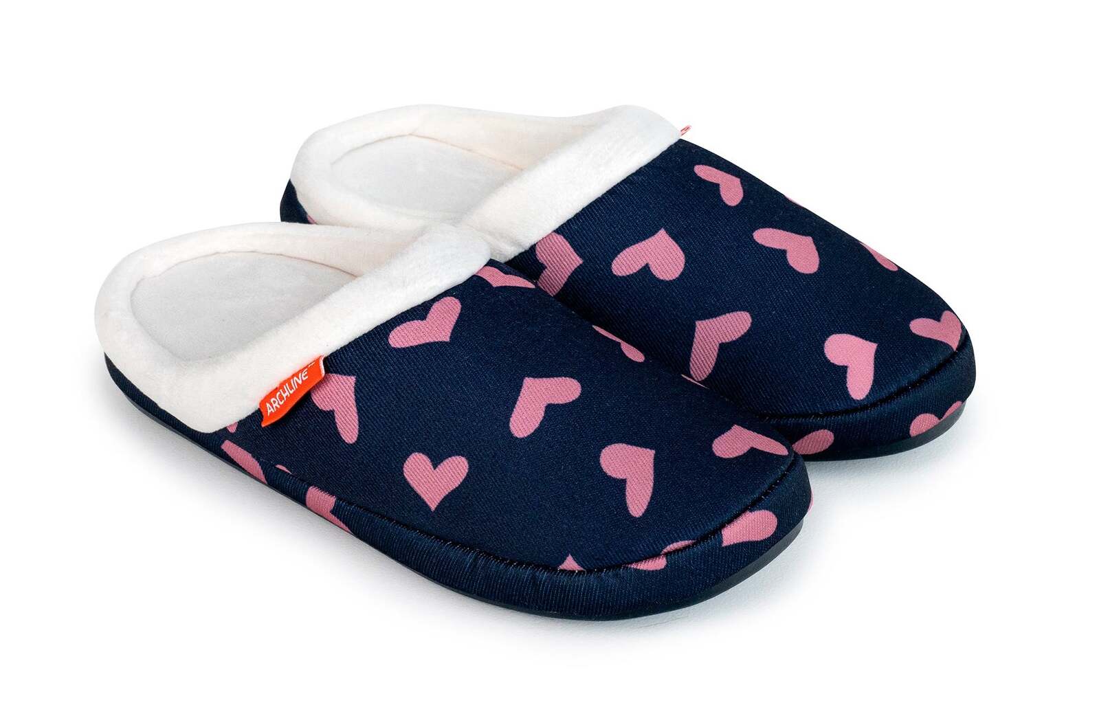 V563-AS302-39-202503051920-00 ARCHLINE Orthotic Slippers Slip On Scuffs Pain Relief Moccasins - Navy with Hearts - EUR 39 (Womens US 8) - Image 1