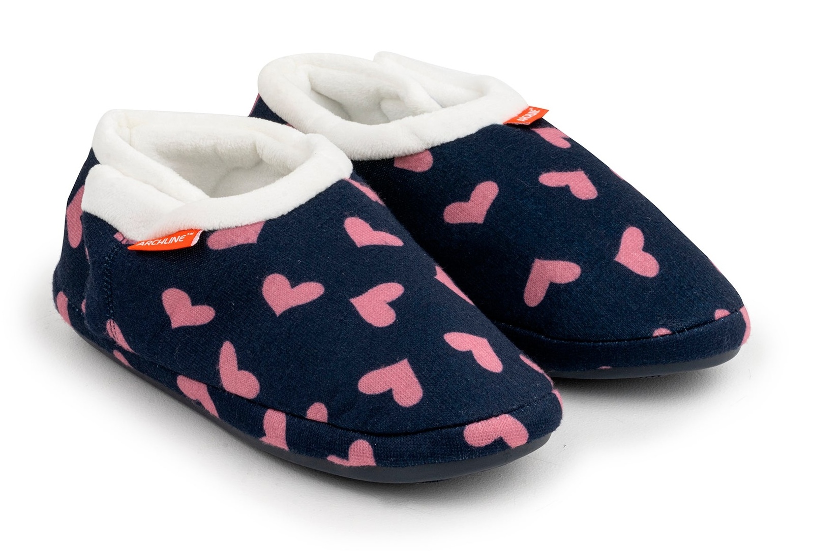 V563-AS401-NVYHRT-36-202503051903-00 ARCHLINE Orthotic Slippers CLOSED Arch Scuffs Moccasins Pain Relief in Navy Hearts - EUR36 - Image 1