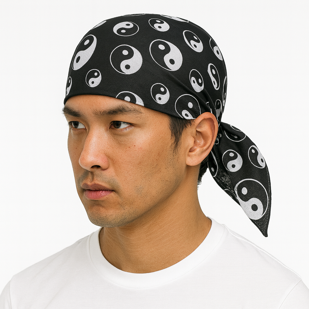 V563-BANDANA-BLKWHT-202509041925-00 BANDANA Paisley 100% COTTON Head Wrap Durag Bandanna Summer Biker Scarf Mask - Yin Yang (Black/White) - Image 1