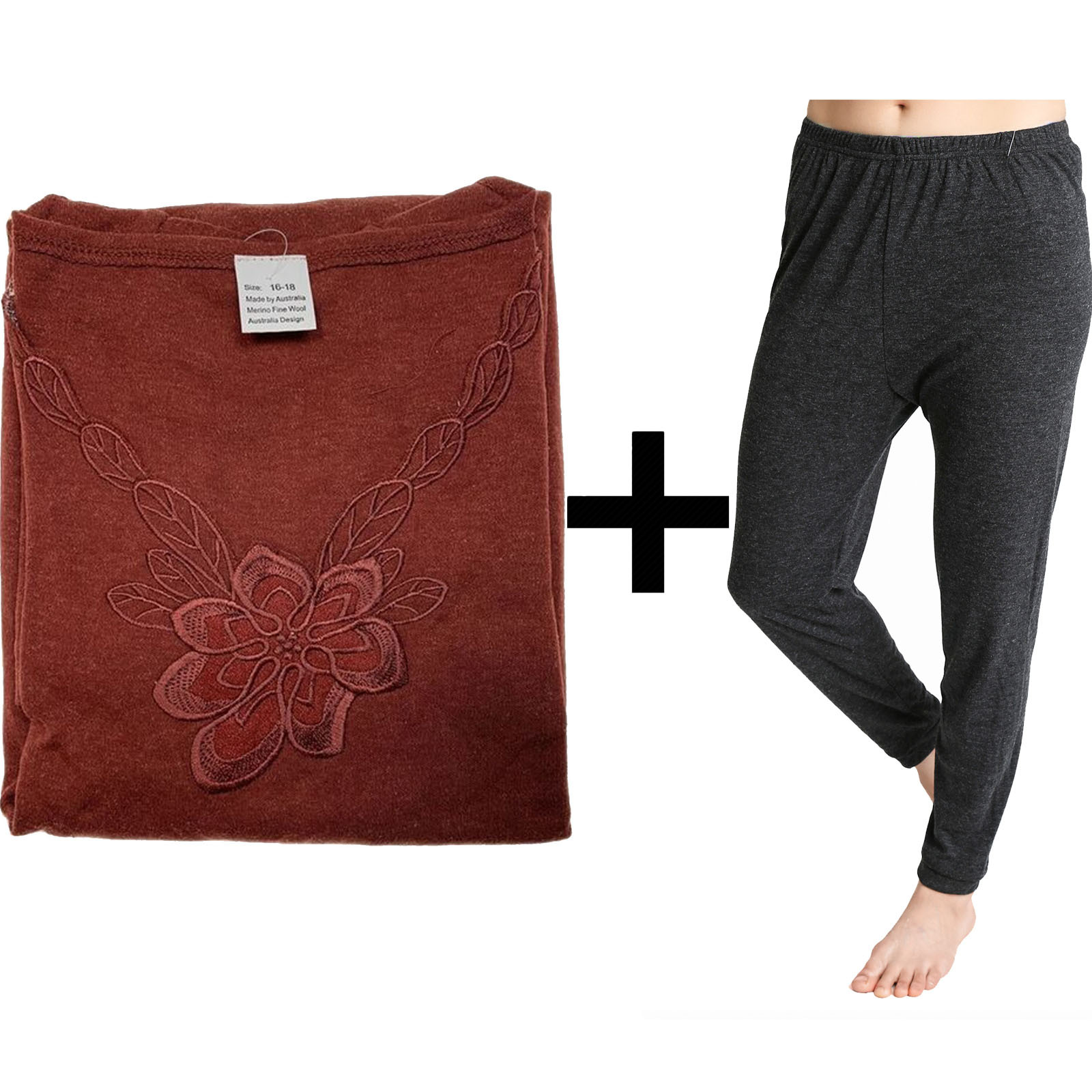 V563-BB-2PCLFSET-BURBK-14_16-202503051840-00 2pcs Set Womens Merino Wool Blend Pants & Top Underwear Leggings Thermal Thermals - Burgundy Top & Black Pants - 14-16 - Image 1