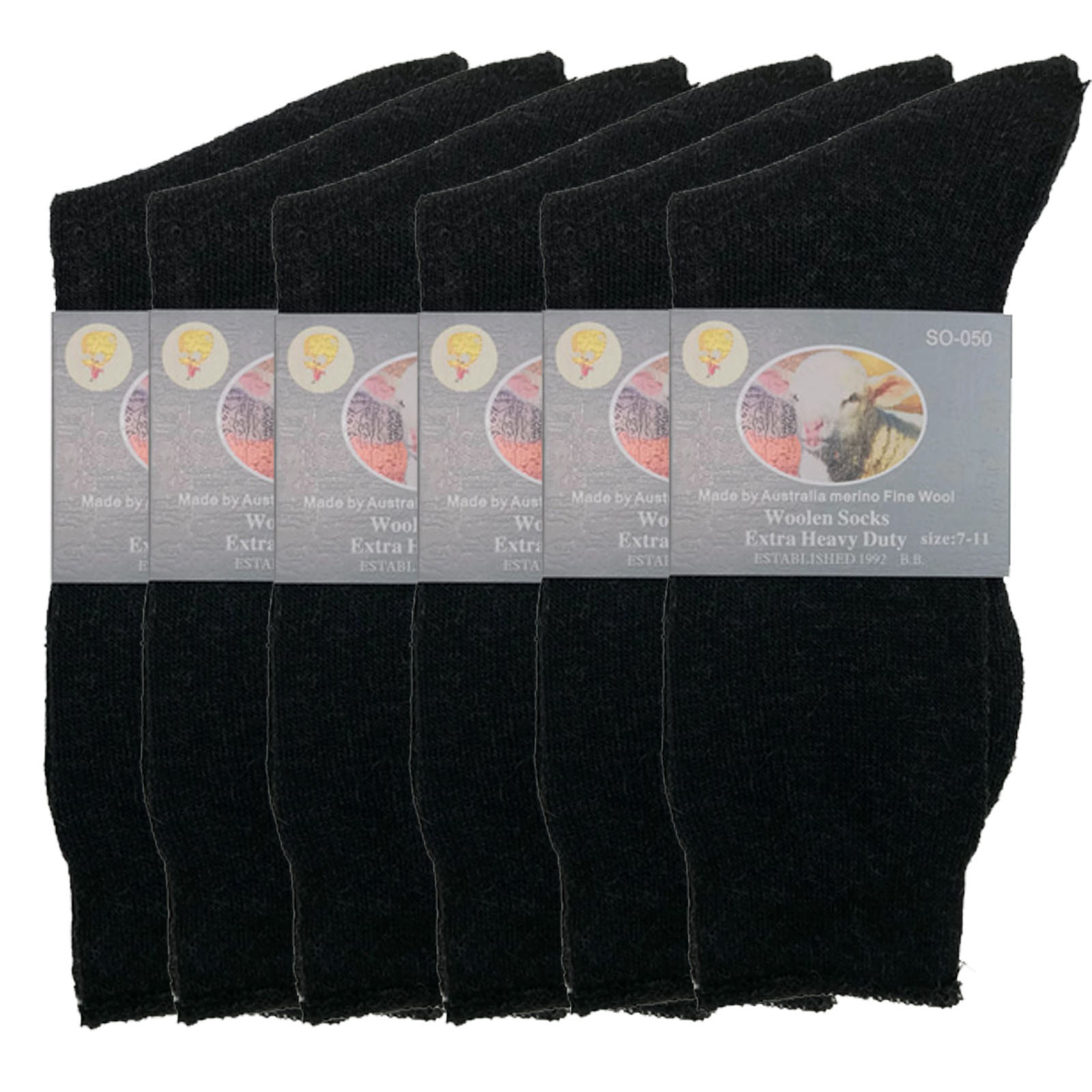 V563-BB-6MWSOX-BLK-11_14-202503051746-00 6 Pairs Merino Wool Blend Woolen Work Socks Hiking Heavy Duty Warm Thermal Bulk - Black - 11-14 - Image 1