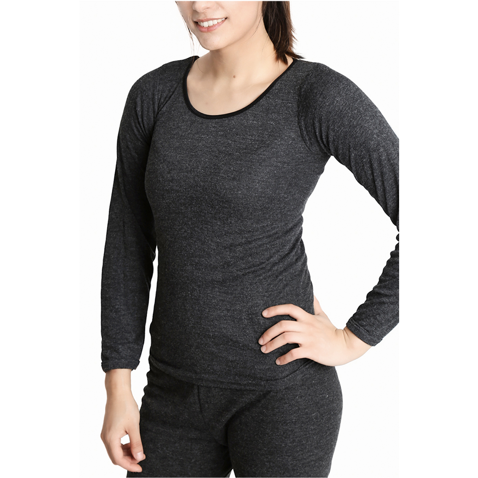 V563-BB-SI048-BK-18_20-202502270906-00 Ladies Merino Wool Blend Long Sleeve Thermal Spencer Top Underwear Thermals - Black - 18-20 - Image 1