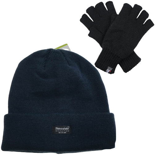 V563-BEANIEGLOVES_SET4-177430-00 Dents 2pcs Set Mens 3M Thinsulate Pull-On Beanie + Knitted Fingerless Gloves - Image 1