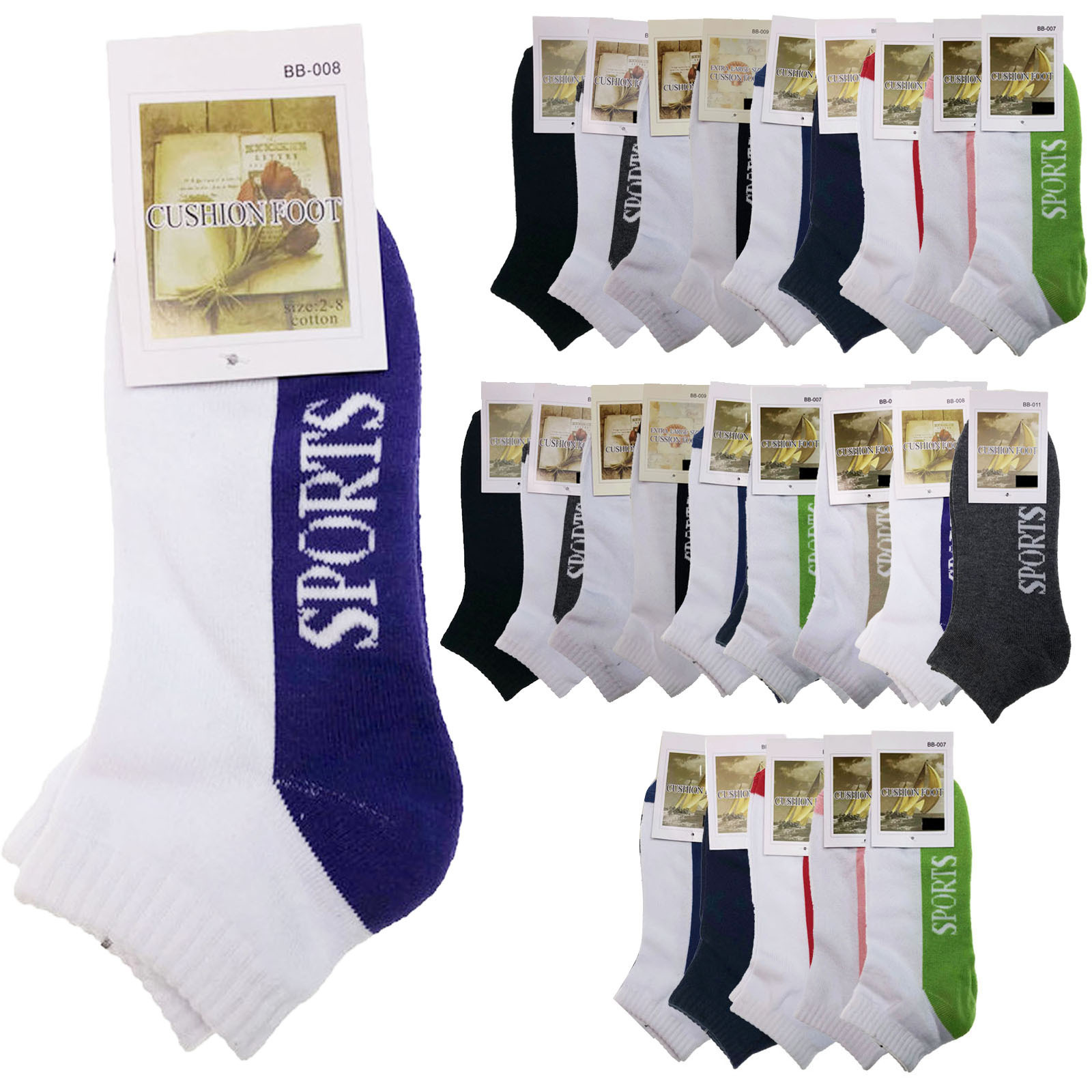 V563-BR-24SOX-ASSTDCLRP-2-8-202503051641-00 24x COTTON ANKLE SOCKS Sport Cushion Foot Low Cut Running - Assorted Colours Bulk - 2-8 - Image 1