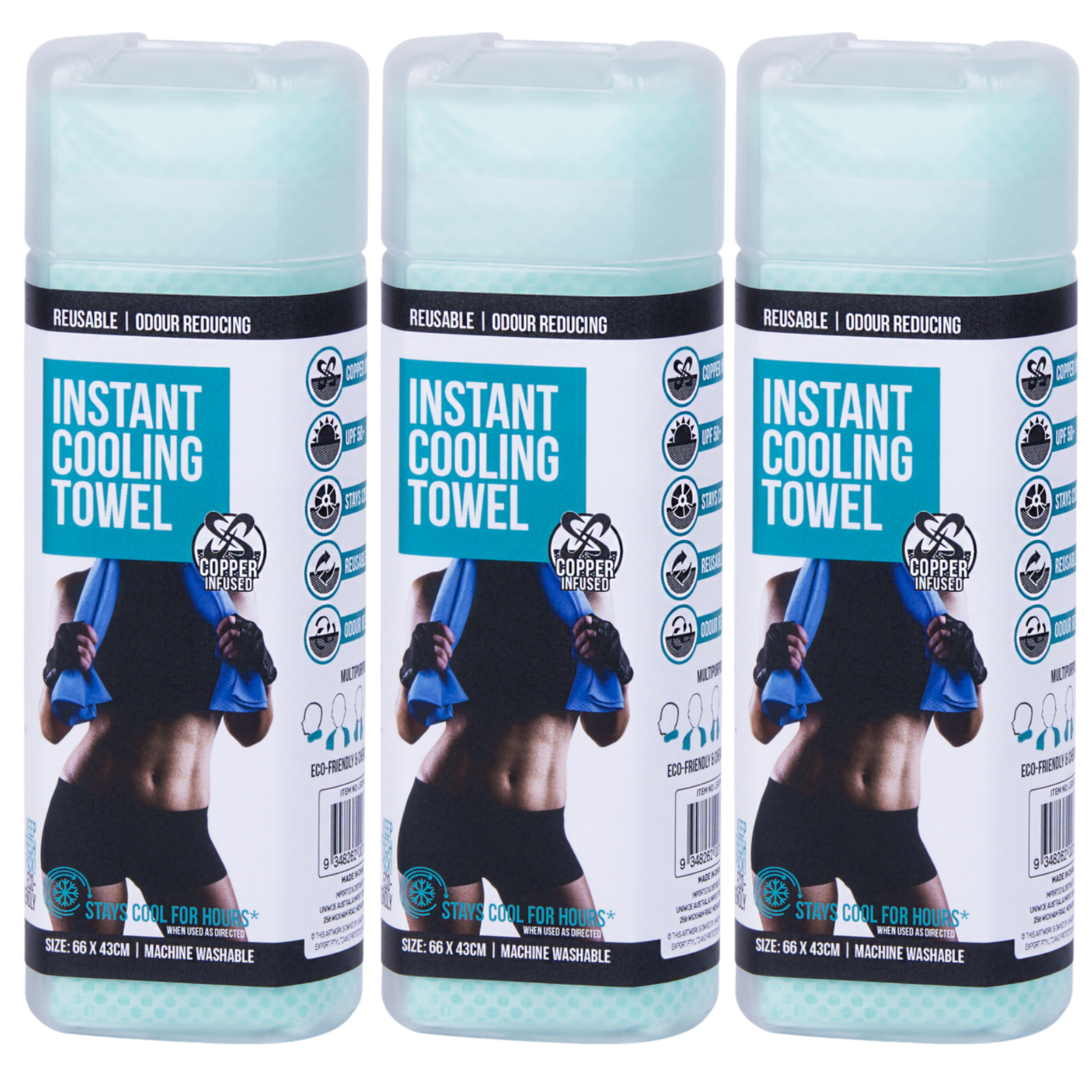 V563-BR-3COOLINGTOW-66-43-149828-00 3x INSTANT COOLING TOWEL UPF 50+ Ice Cold Sport Sweat Absorbing Leisure 66x43 - Image 1