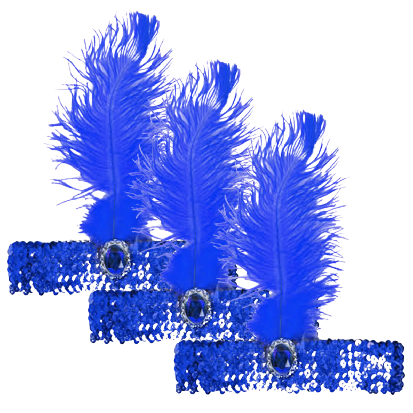 V563-BR-3FLAPPERHDBND-BLU-184130-00 3x 1920s FLAPPER HEADBAND Headpiece Feather Sequin Charleston Costume Gatsby - Blue - Image 1