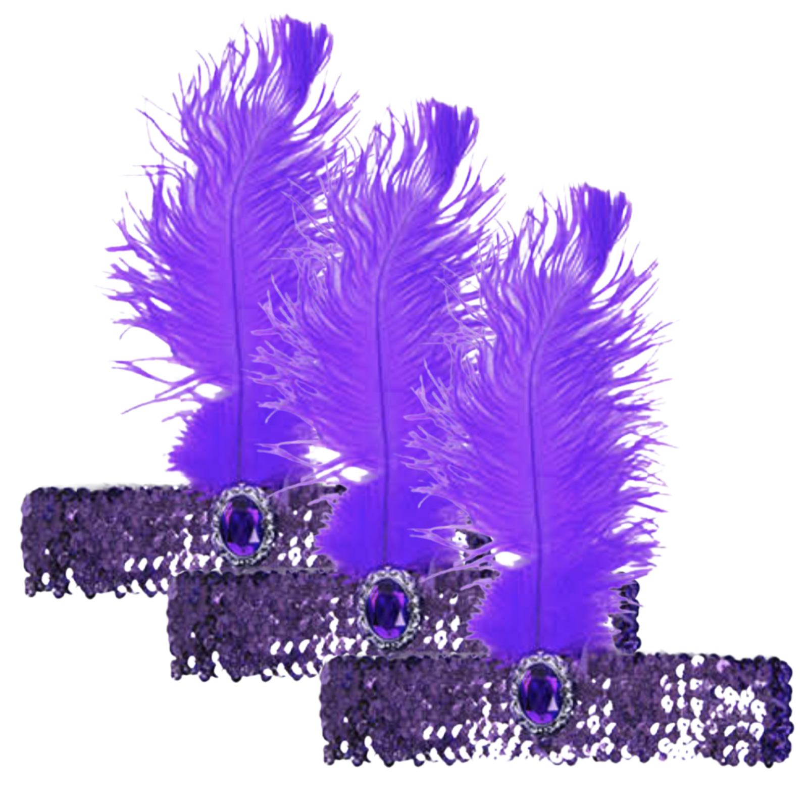 V563-BR-3FLAPPERHDBND-PUR-184150-00 3x 1920s FLAPPER HEADBAND Headpiece Feather Sequin Charleston Costume Gatsby - Purple - Image 1