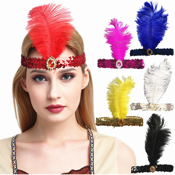 V563-BR-3FLAPPERHDBNDASSTDCLR-184162-00 3x 1920s FLAPPER HEADBAND Headpiece Feather Sequin Charleston Costume Gatsby - Assorted Colours Pack - Image 1