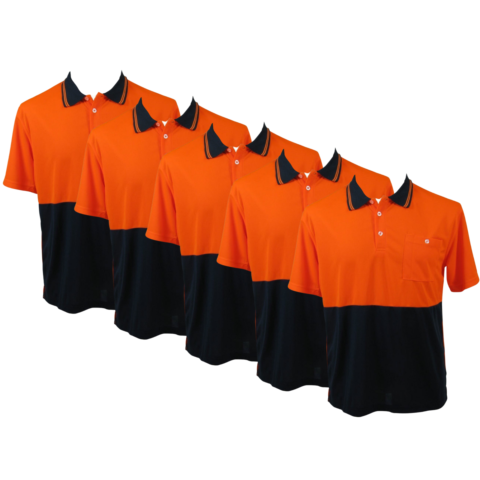 V563-BR-5WRKPOLO-ORNGNAVY-M-202503051911-00 5x HI VIS Polo Shirt Top Tee Safety Workwear Short Sleeve Breathable Mesh BULK - Orange/Navy - M (16) - Image 1